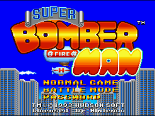 Super Bomberman title screen for Super Nintendo